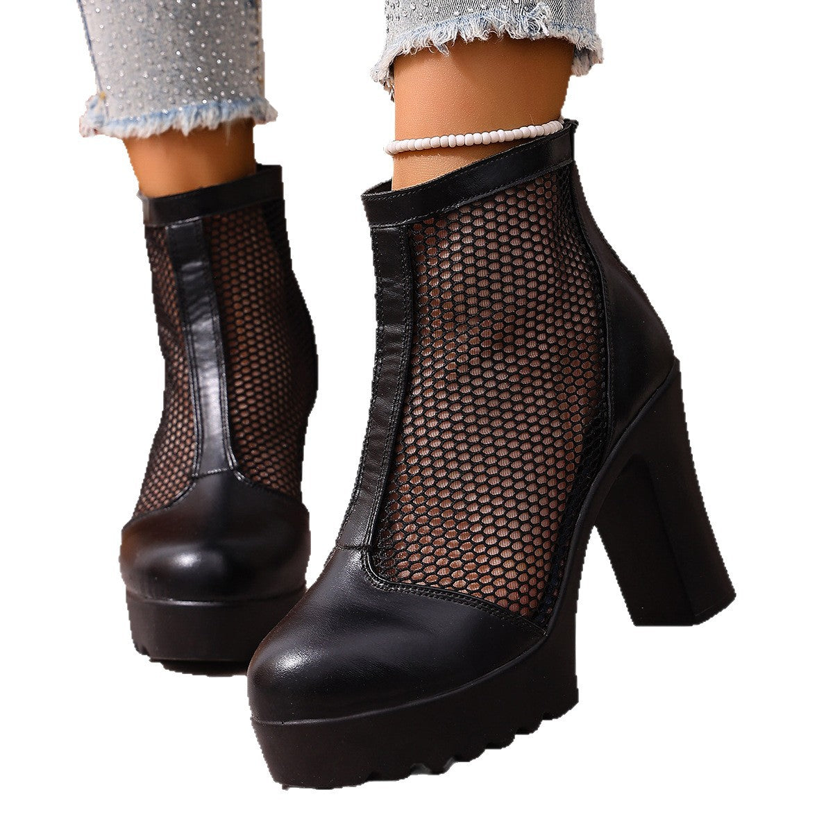 Womens Mesh Chunky Heel Fashion Ankle Boots With Back Zip - Zalixer