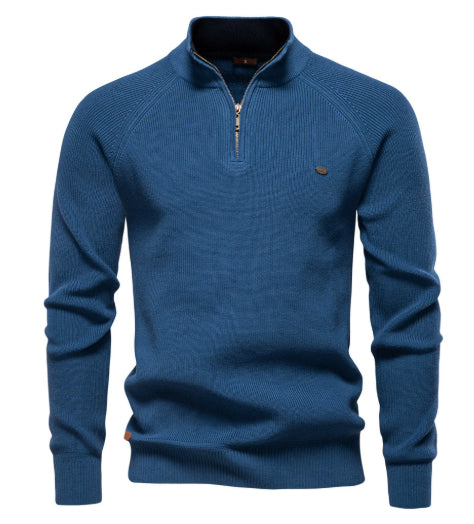 Men's Zipper Stand Collar Knitted Sweater Fashion Slim Solid Color Long Sleeve Half Turtleneck Top Men's Clothing