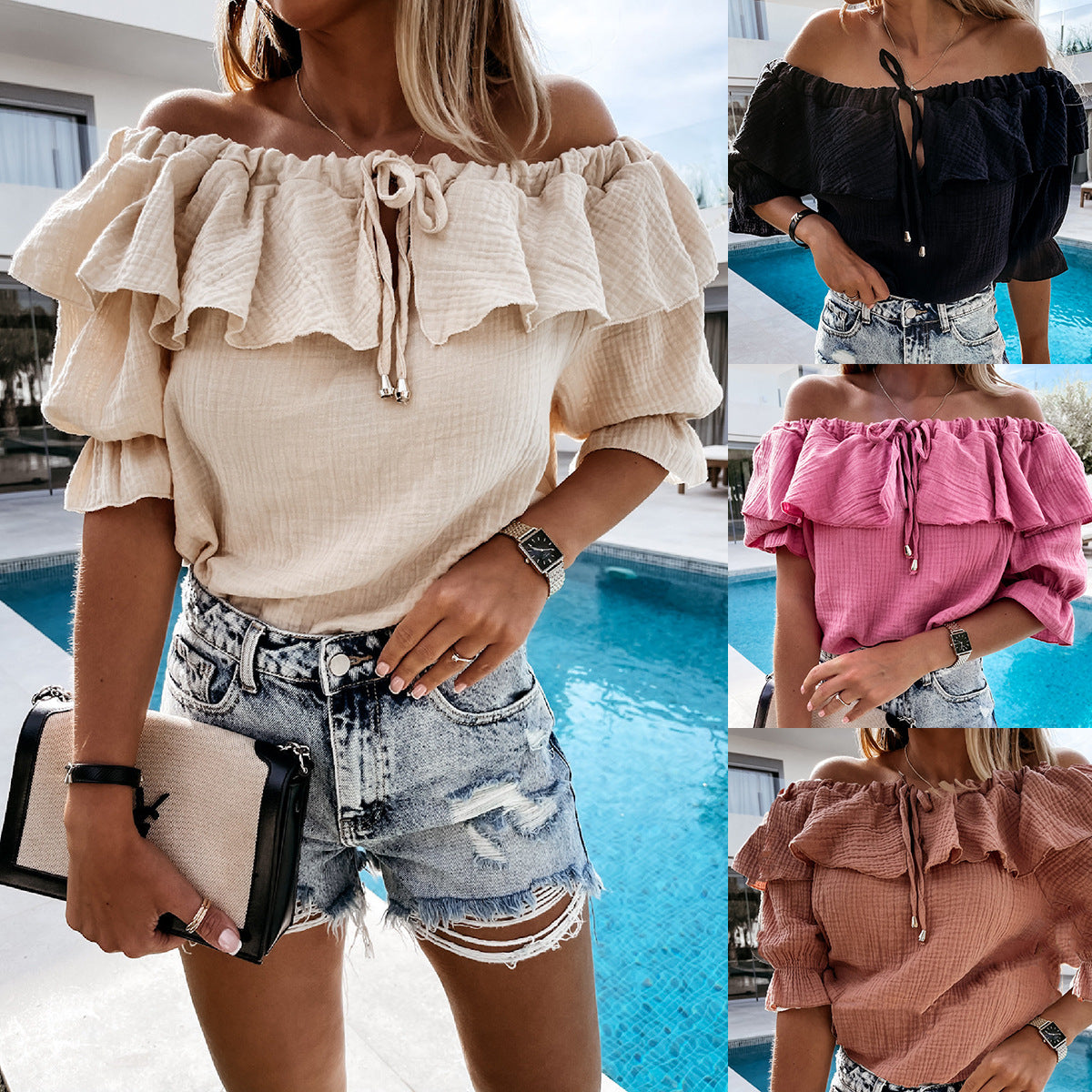 One Word Collar Fashion Solid Color Sexy Short Sleeve Shirt