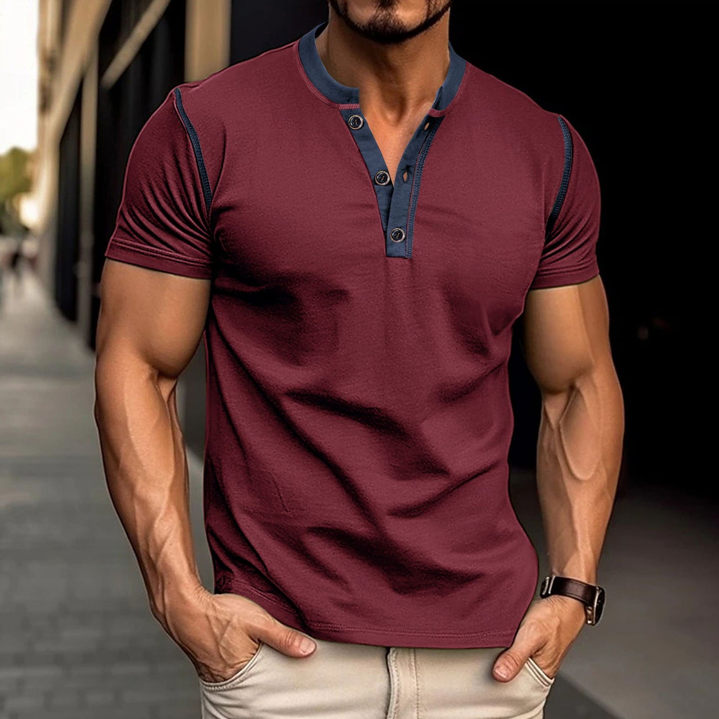 Men's Short-Sleeved Polo Shirt Summer Button V-Neck Top