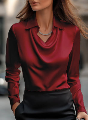 Women's Swing Collar Draped Shirts & Blouses Elegant Solid Satin Office Ladies Top Pullover Spring Long Sleeve Casual Tops - Zalixer