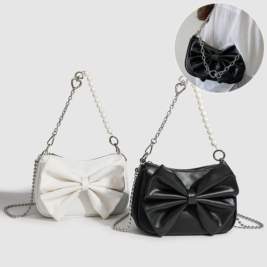 Black White PU Bow Handbags Autumn Winter Ladies Underarm Tote Bags Fashion Simple Pearl Chain Shoulder Bag Small Purse - Zalixer