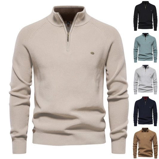 Men's Zipper Stand Collar Knitted Sweater Fashion Slim Solid Color Long Sleeve Half Turtleneck Top Men's Clothing