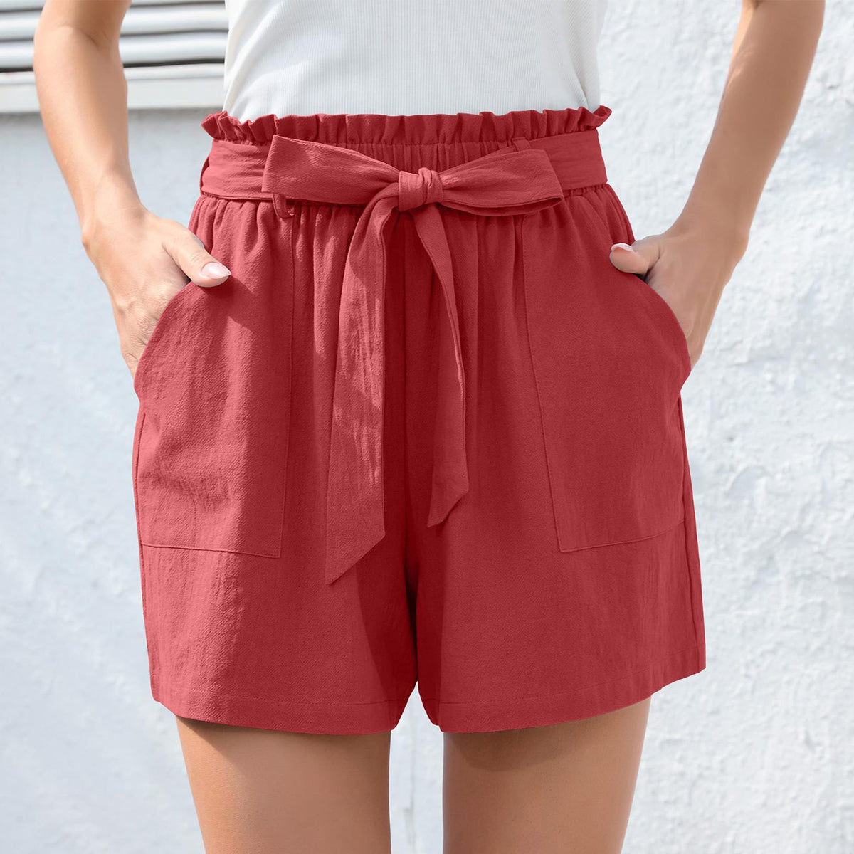 Fashion Ruffle Bow Waist Tie Shorts Summer Beach Pants With Pockets Womens Clothing - Zalixer