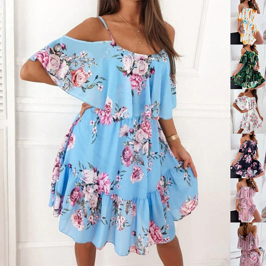 Flower Printed Ruffled Suspender Dress Summer Off-the-shoulder Strap Dresses Women - Zalixer