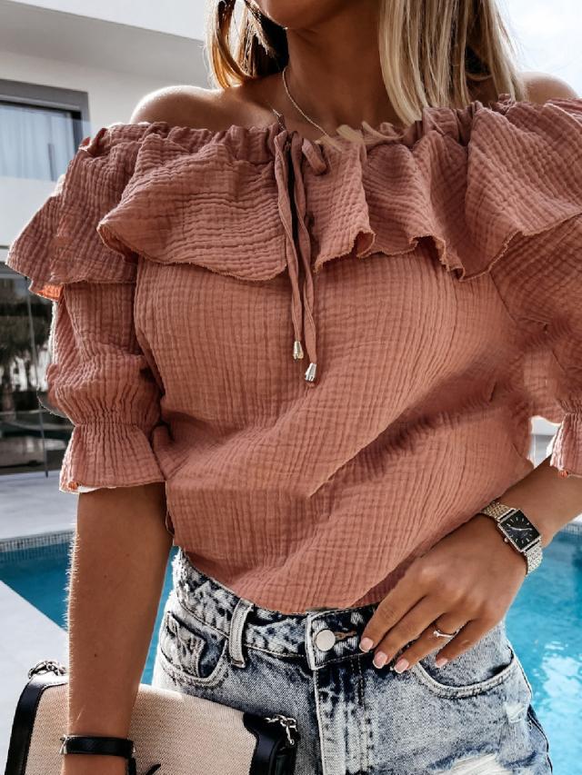 One Word Collar Fashion Solid Color Sexy Short Sleeve Shirt