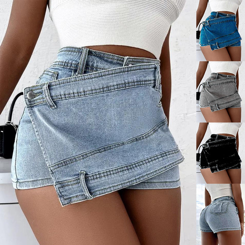 Y2K Street Vintage Denim Shorts Stretch Overlap Waist Wrap Solid Asymmetrical Hem A-Line Skinny Mini Skorts Skirt - Zalixer