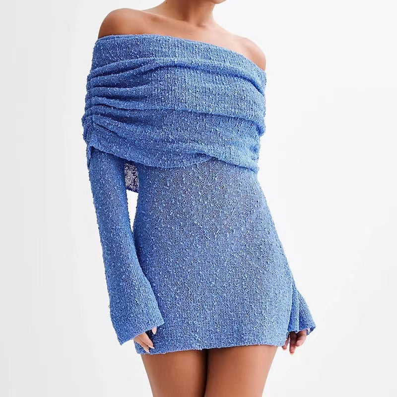 Women's Spring Summer Knitted Dress Elegant Party Boat Neck Dress Infant Off Shoulder Bodycon Long Sleeve Fuzzy Short Club Chic Mini Dress - Zalixer