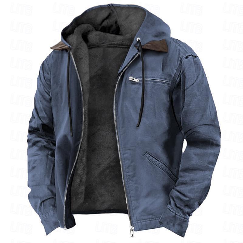 Winter Hooded Coat With Pockets Warm Fleece Men's Casual Outerwear Zip-up Jacket