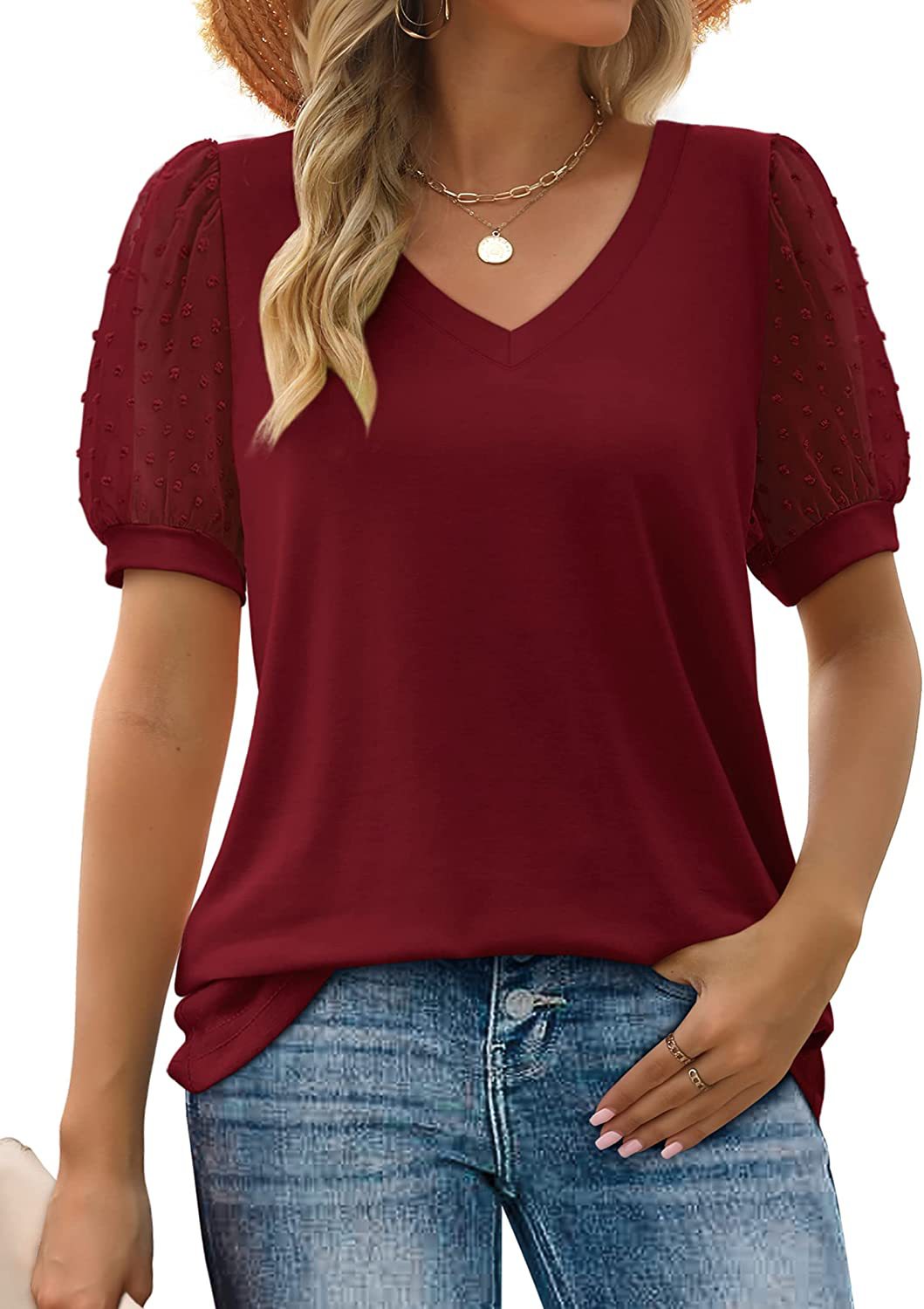 Womens Summer Tops V Neck T Shirts Dot Puff Sleeve Tops Loose Casual Tshirts - Zalixer