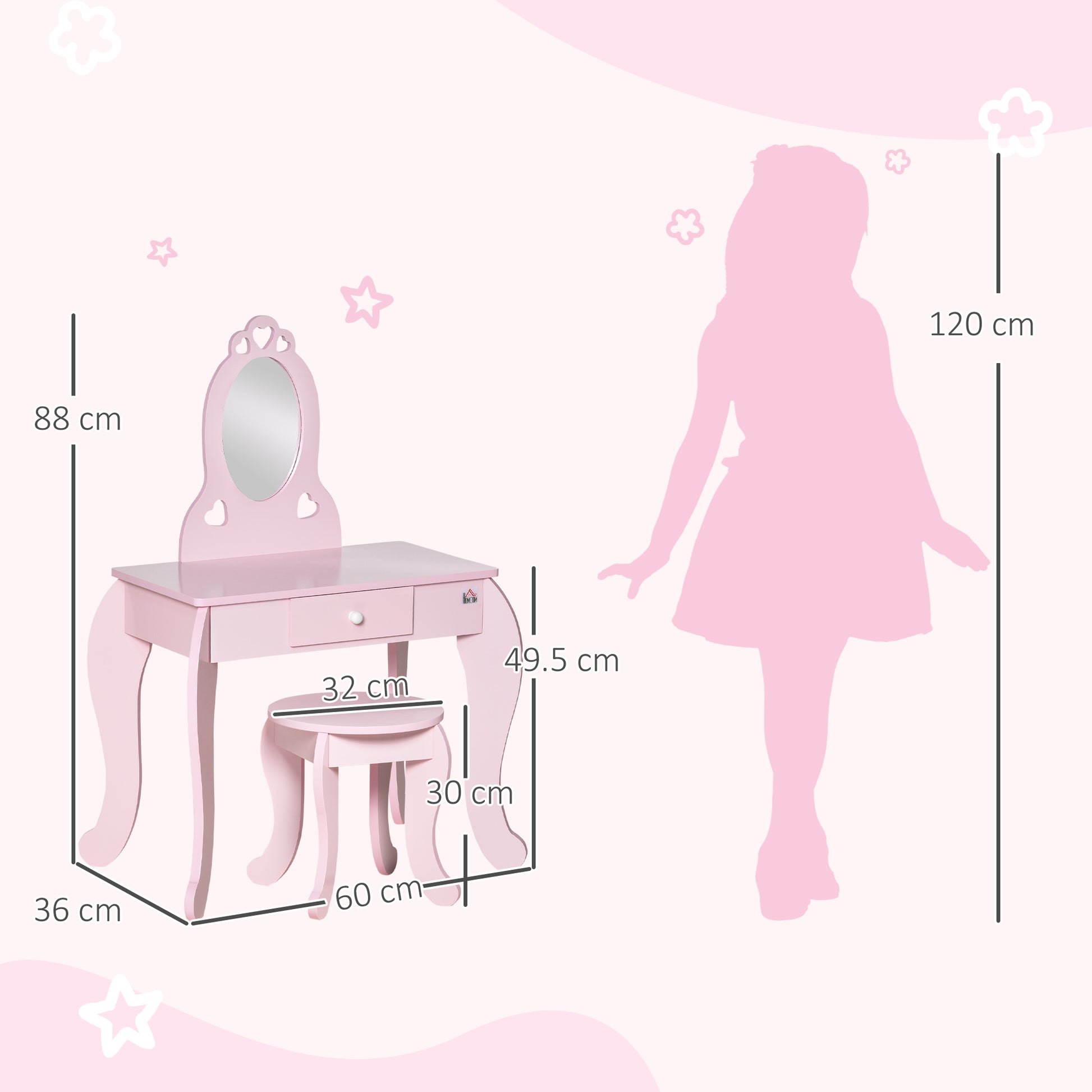 Kids Vanity Table & Stool Girls Dressing Set Make Up Desk Chair Dresser Play Set With Mirror Pink - Zalixer