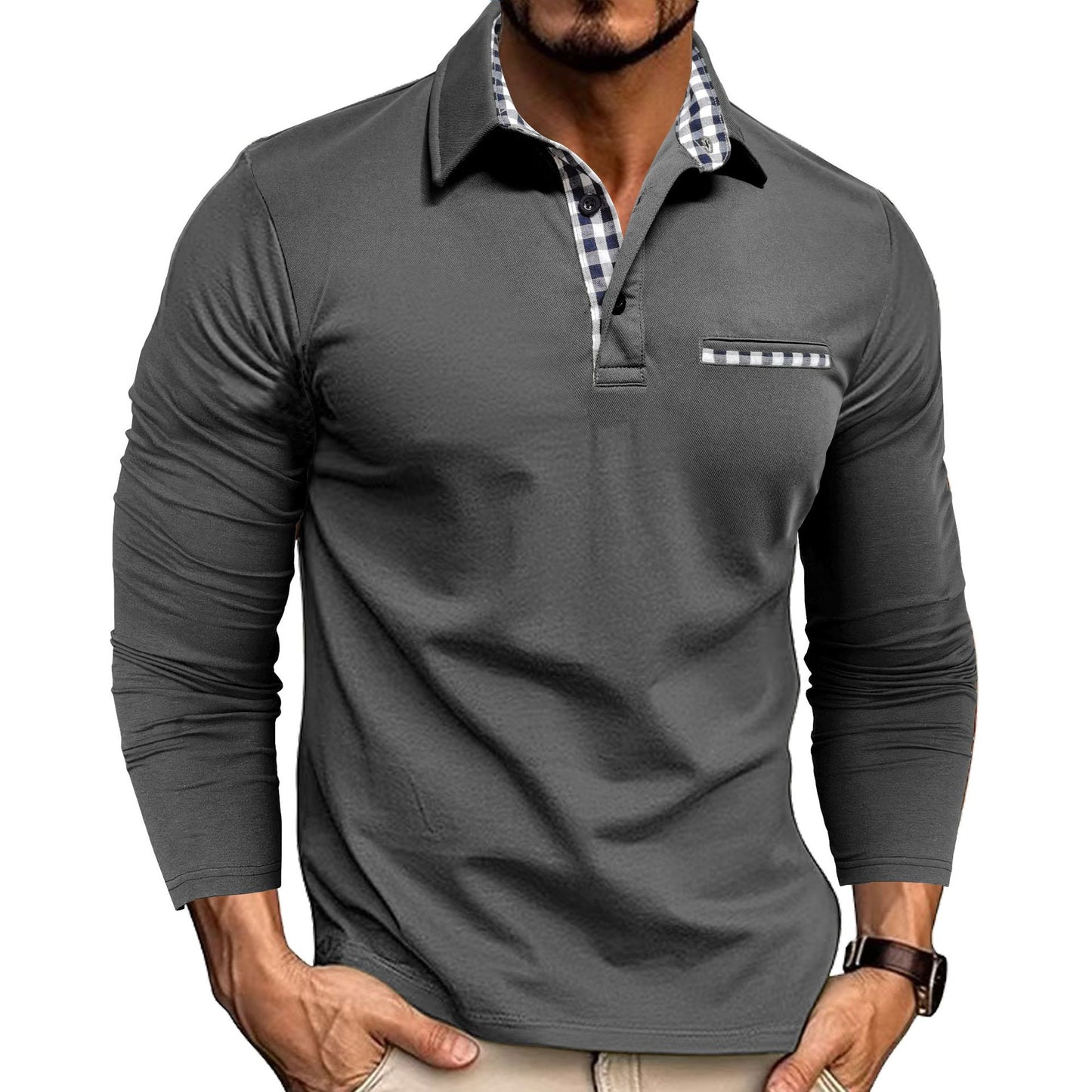 Casual Plaid Splicing Lapel Polo Shirt Fashion Solid Color Long Sleeve Top Men's Clothing