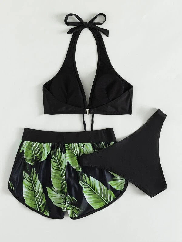 3pcs Leaf Print Bikini With Shorts Fashion Summer Beach Swimsuit Womens Clothing - Zalixer