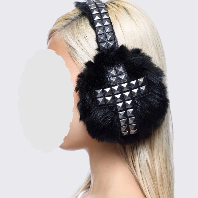 Dark Gothic Rhinestone-Embroidered Earflap Hat With Accessories - Zalixer