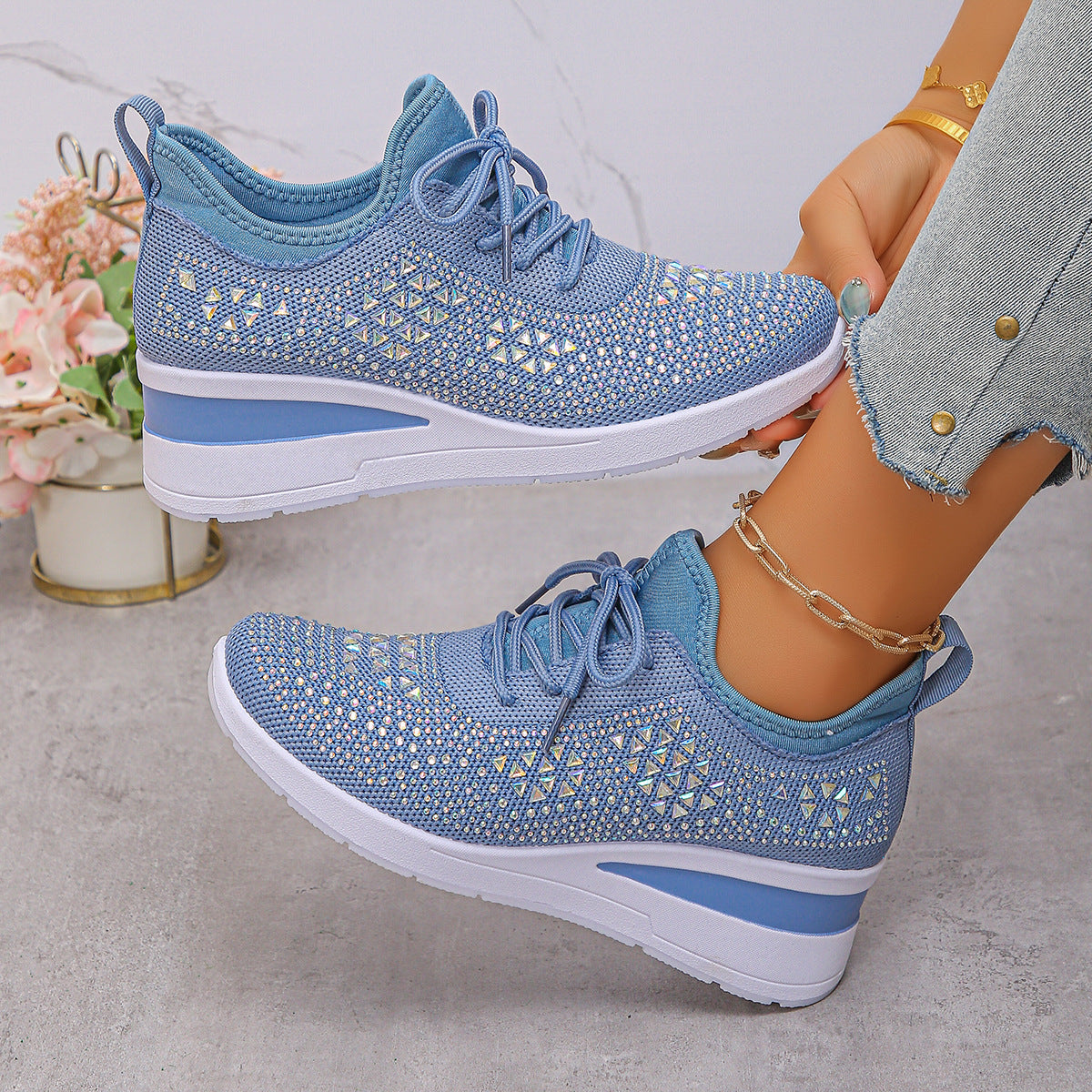 Ins Rhinestone Sneakers Fashion Lace Up Wedges Casual Shoes Women's Daily Commuting Sports Shoes