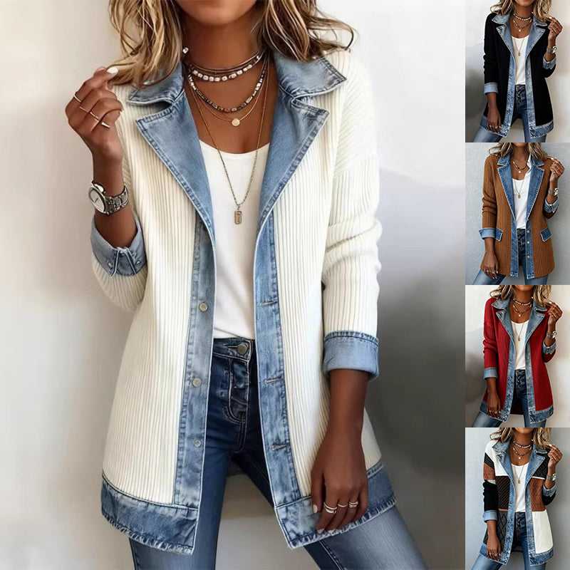 Denim Patchwork Jacket Fashion Commuter Lapel Button-down Long-sleeved Top For Women's Clothing - Zalixer