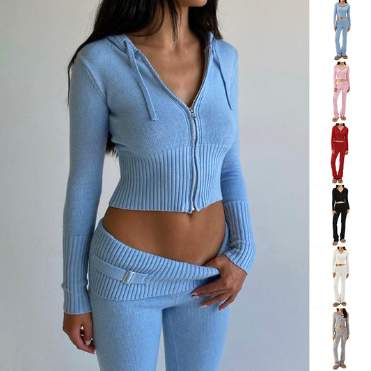 Hoodie Suit Sports Leisure Sexy Zip Long Sleeve Sweater And High Waist Long Pants Set Women's Clothing - Zalixer