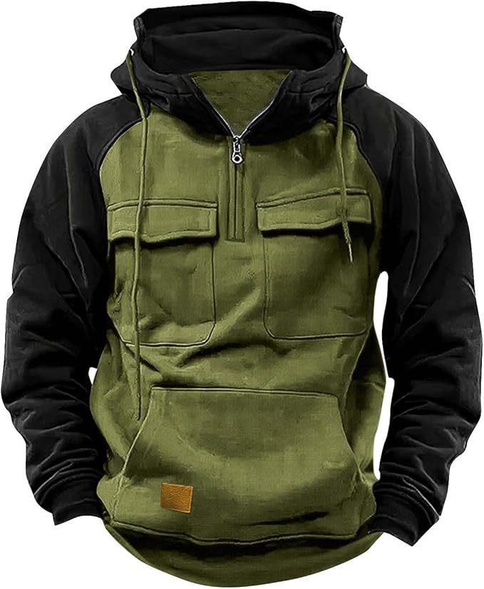Fall Winter Retro Cargo Men's Half Zipper Multi Pockets Solid Warm Fleece Hoodie Sweatshirts - Zalixer