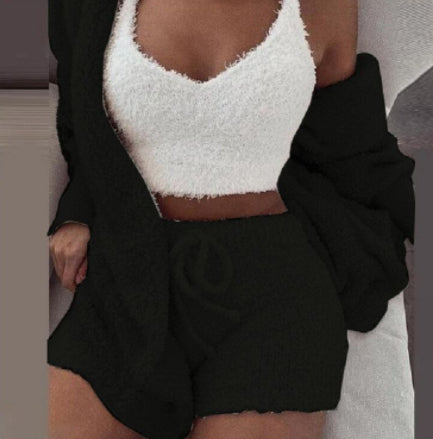 3pcs Womens Clothing Long Sleeve Crop Tank Top And Drawstring Shorts Pajama Set - Zalixer