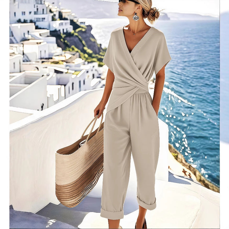 Women's Two Pieces Set Fashion Solid Color Irregular Short Sleeve Suit Summer Fashion V Neck Slim Office Suit Casual Pleated Irregular Top and Pants Outfit - Zalixer
