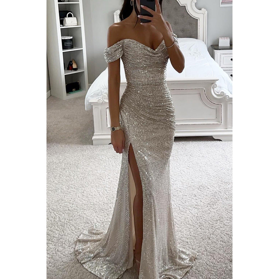 Party Sequins Off-neck Split Dress INS Casual Fashion Dress Women Charming Slimming Dress For Women - Zalixer