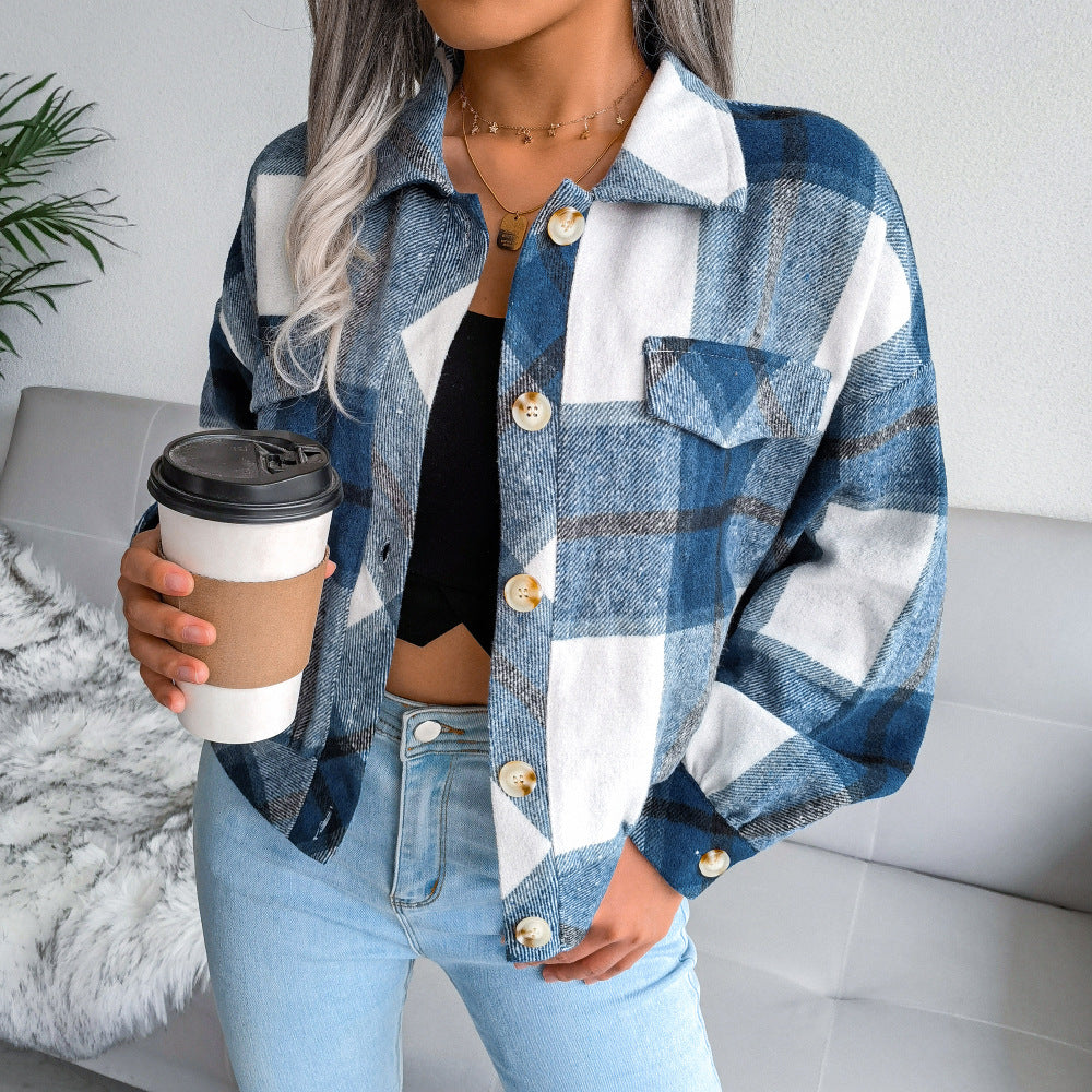 Plaid Lapel Cropped Jacket Fashion Loose Button Long Sleeve Short Outwear Tops Coat For Womens Clothing - Zalixer