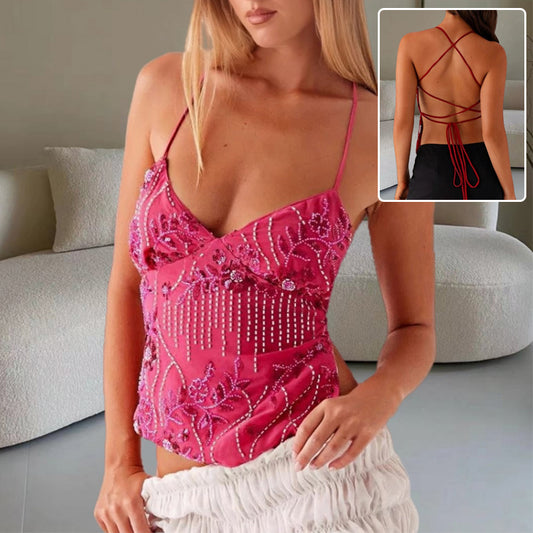 Y2K Dopamine-colored Bandeau Sling Tops Summer V-neck Flower Beaded Backless Vest For Women - Zalixer