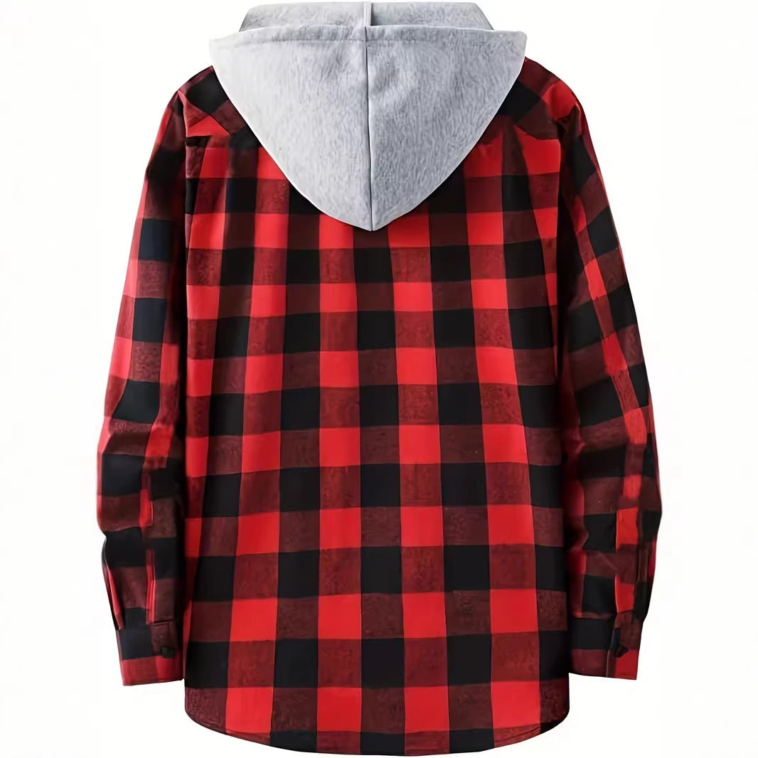 New Mens Long-sleeve Plaid Hoodie Shirt