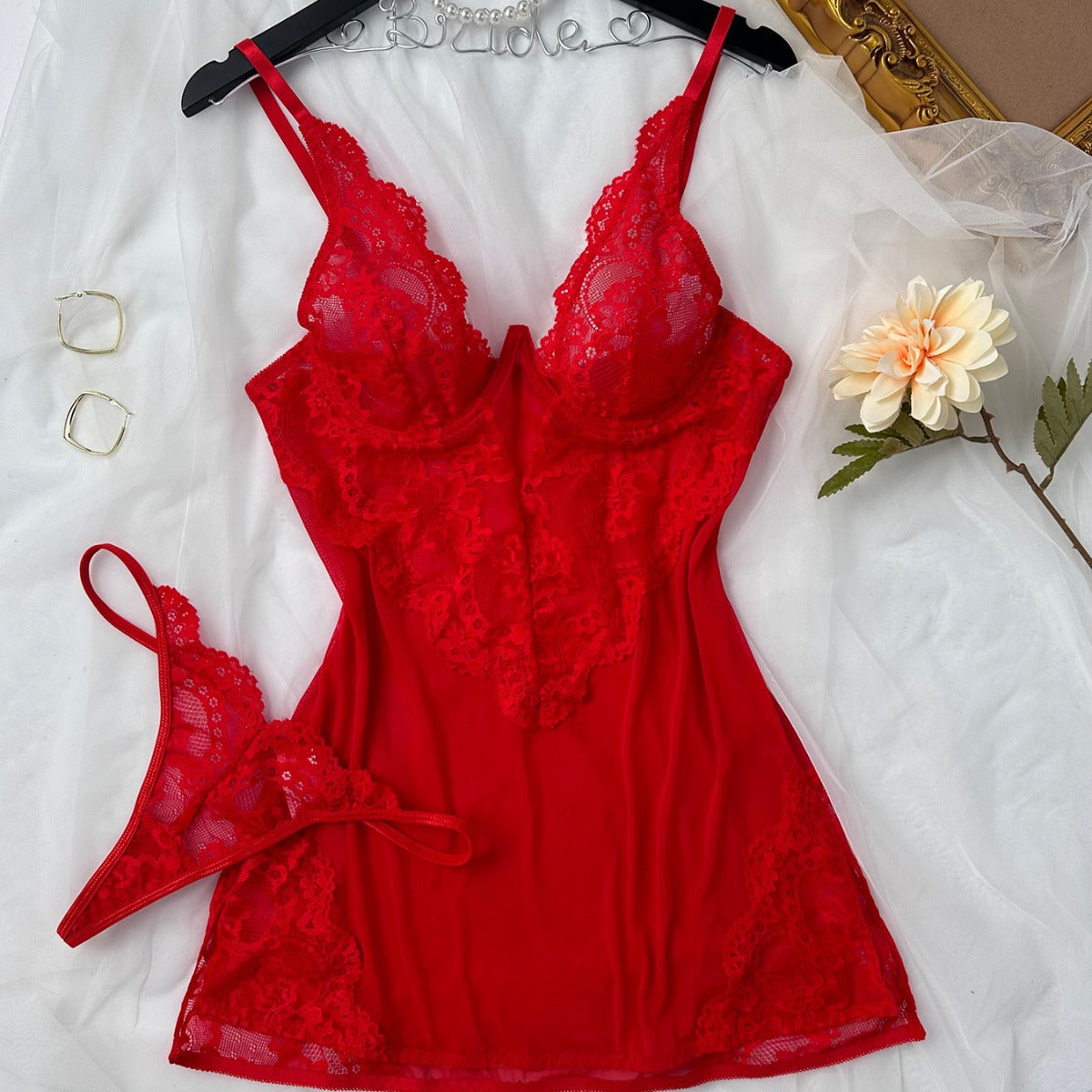Cutout Sling Tulle See-through Lace Pajamas For Women - Zalixer