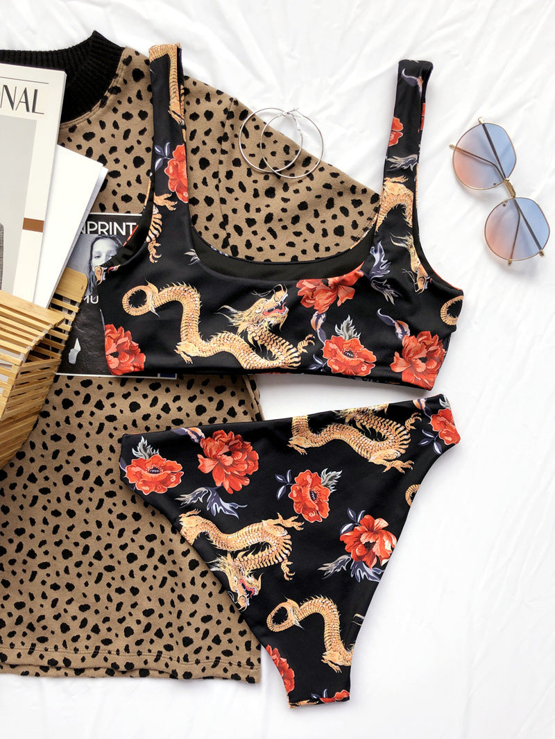 Bikini Print Swimsuit Thin Belt Briefs - Zalixer