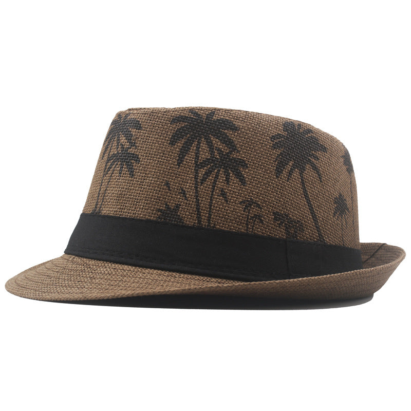 Palm Print Coconut Pattern Curled Straw Hat - Zalixer