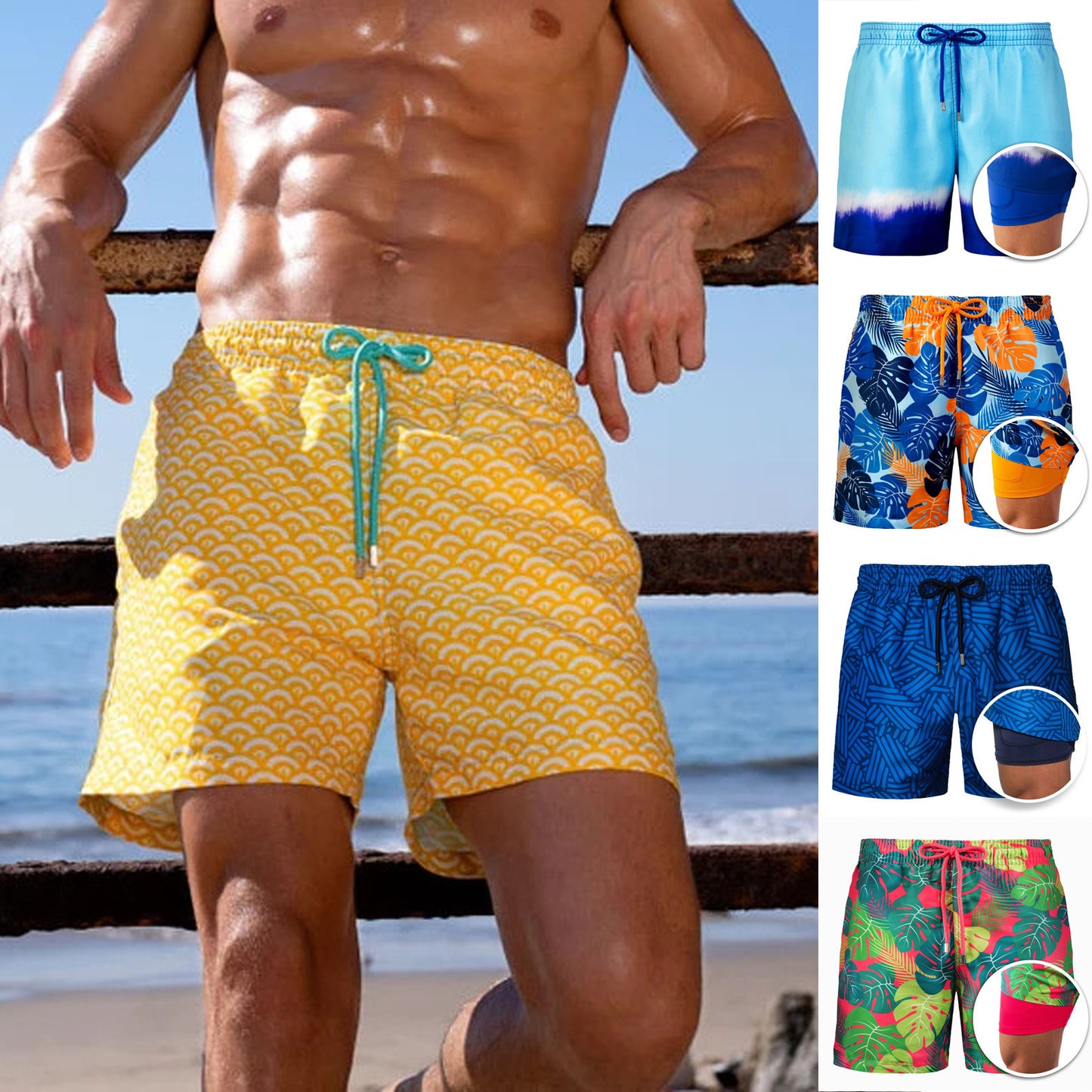 European And American Shorts Men's Beach Sports Pants Printed Double Shorts - Zalixer