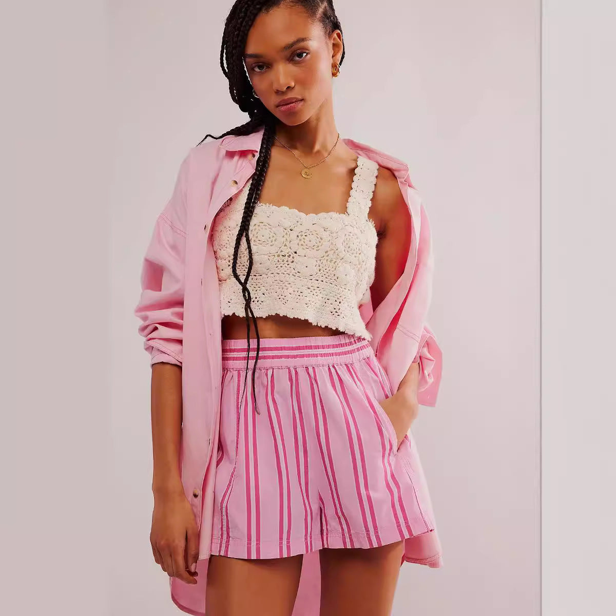 Y2K Stripe Print Shorts Summer Fashion Elastic Beach Pants With Pockets Womens Clothing - Zalixer