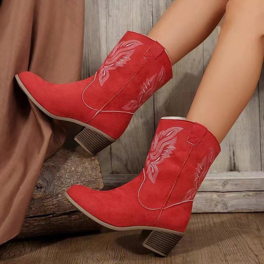Fashion Chunky-heeled Pointed Toe Boots Winter Ethnic Style Embroidered Mid-Tube Western Shoes Women - Zalixer