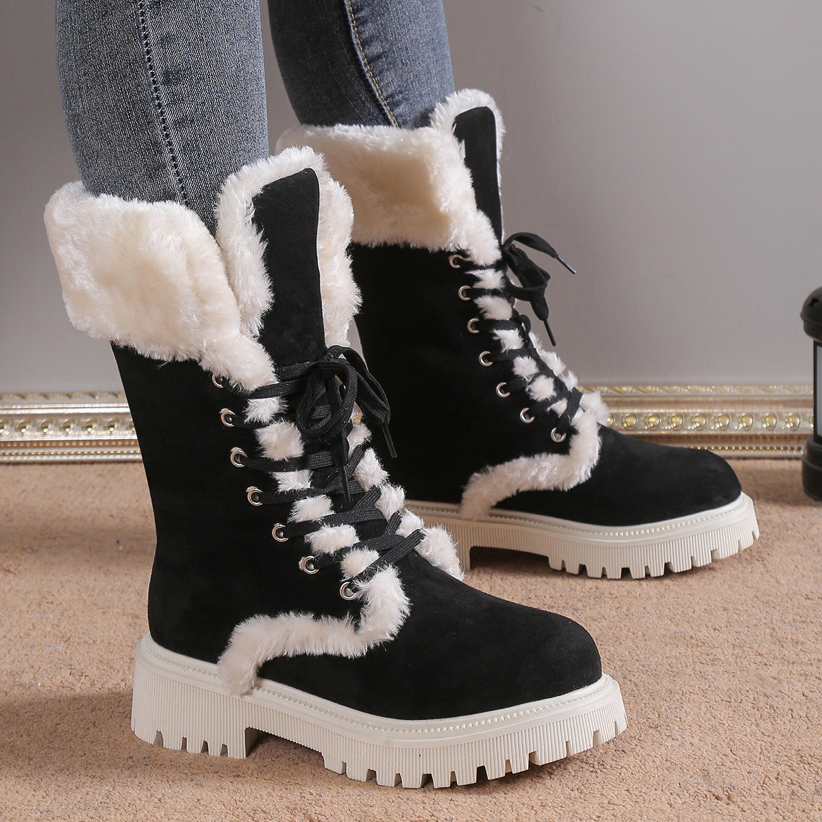 Winter Lace-up Snow Boots For Women Mid-tube Fleece Shoes Warm Chunky Heels Plush Boot - Zalixer