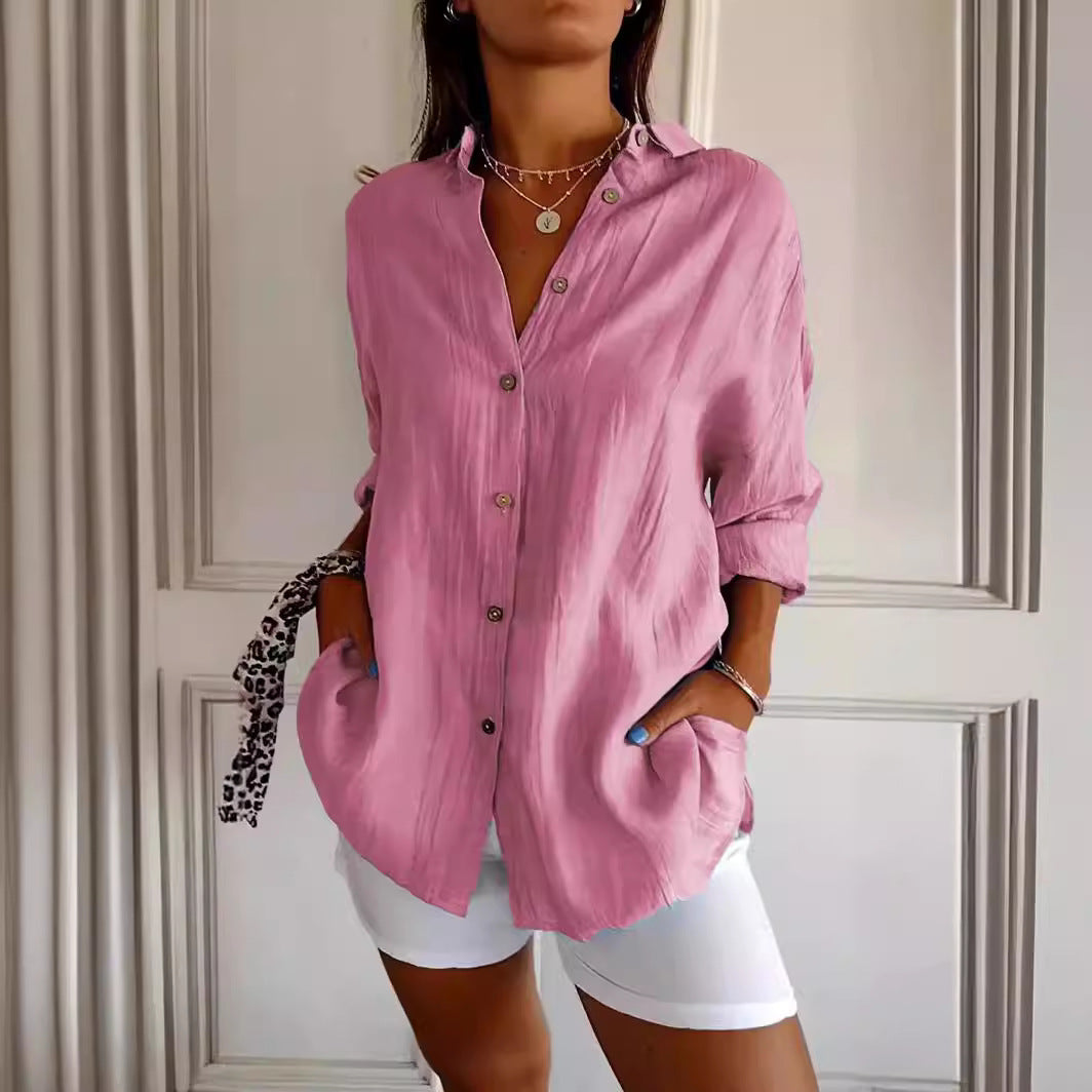 Lapel Long Sleeve Shirt Women's Single-breasted Pleated Shirt Tops Clothing - Zalixer