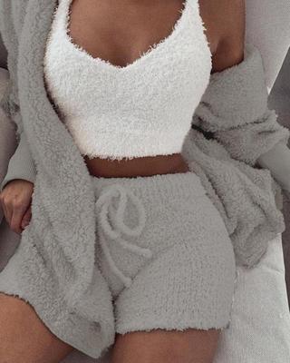 3pcs Womens Clothing Long Sleeve Crop Tank Top And Drawstring Shorts Pajama Set - Zalixer