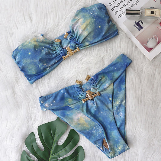 Solid Color Tube Top High Waist Swimsuit With Metal Accessories - Zalixer