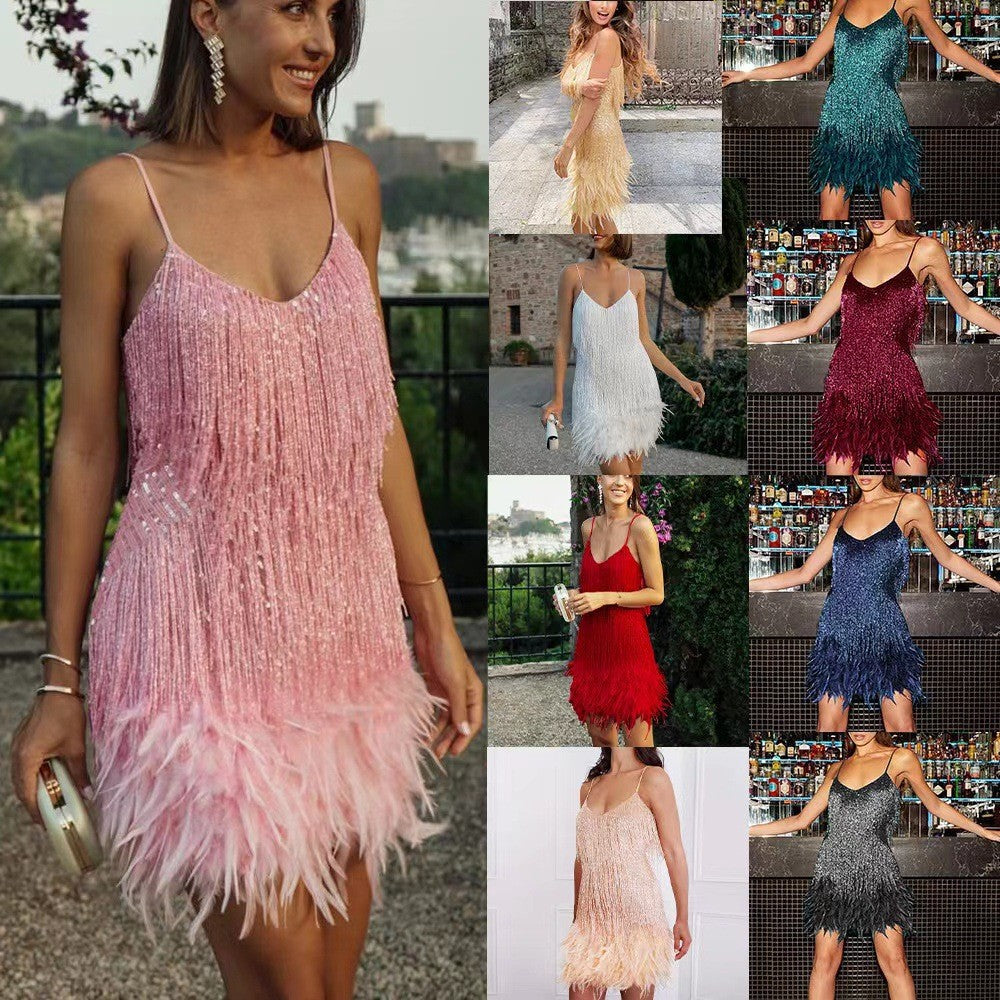 Sexy Tassel Sequins Feather Summer Mini Dress Women V Neck Spaghetti Strap Stitching Dresses Female Elegant Evening Party Club Dress - Zalixer