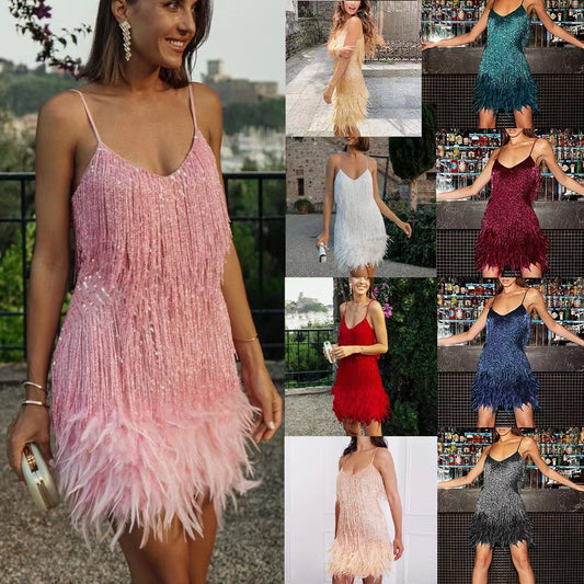 Sexy Tassel Sequins Feather Summer Mini Dress Women V Neck Spaghetti Strap Stitching Dresses Female Elegant Evening Party Club Dress - Zalixer