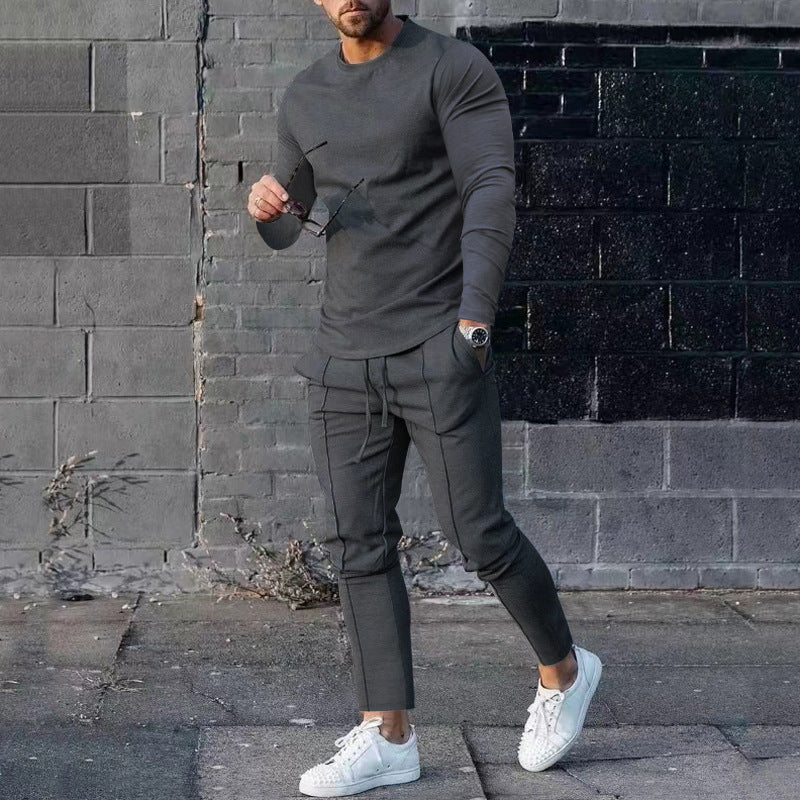 Men's Long-Sleeved Suit Slim Crew Neck Pullover T-shirt And Pockets Drawstring Pencil Pants Casual Trousers Set - Zalixer