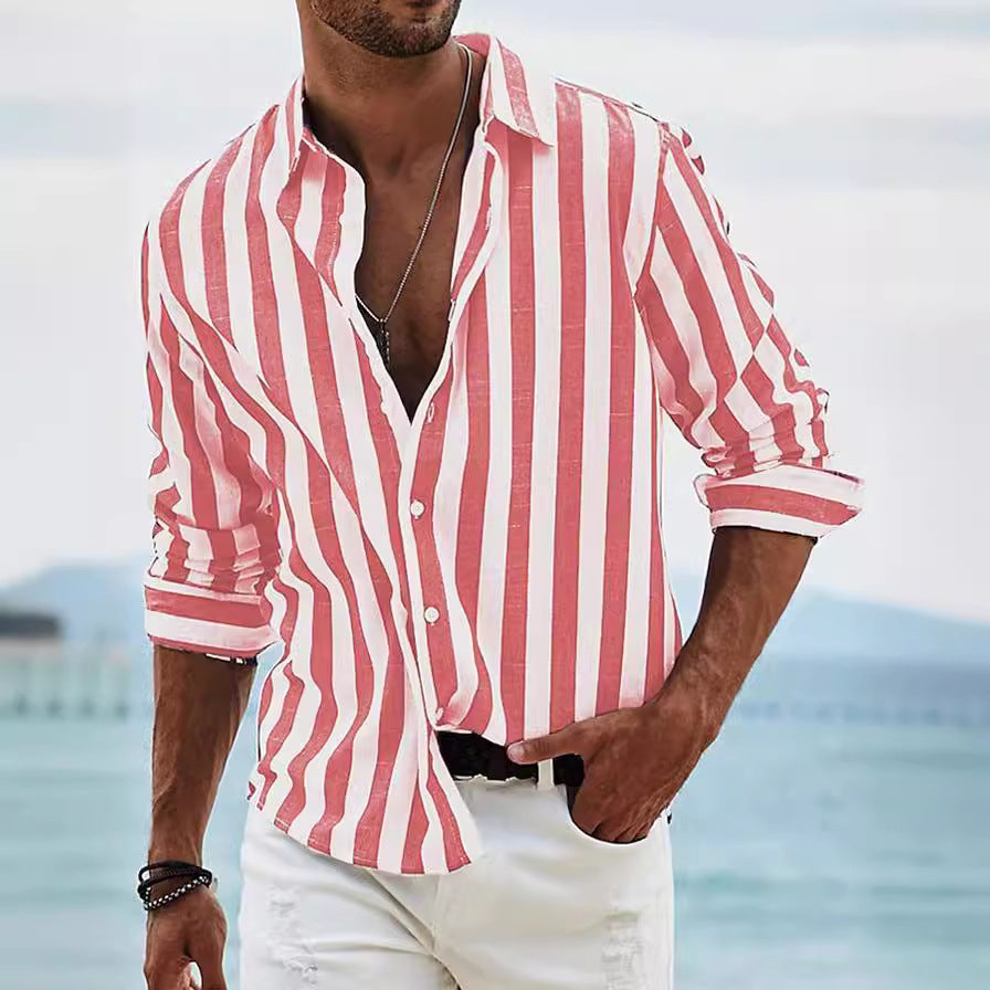 Men's Striped Print Casual Loose Long-Sleeved Shirt - Zalixer
