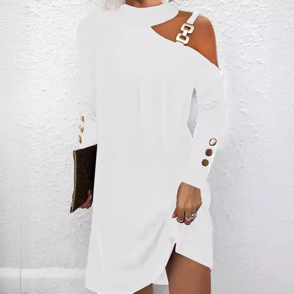Fashion Women Solid Casual Dress Female Elegant Long Sleeve Metal Buckle Halter Neck Casual Mini Dress - Zalixer