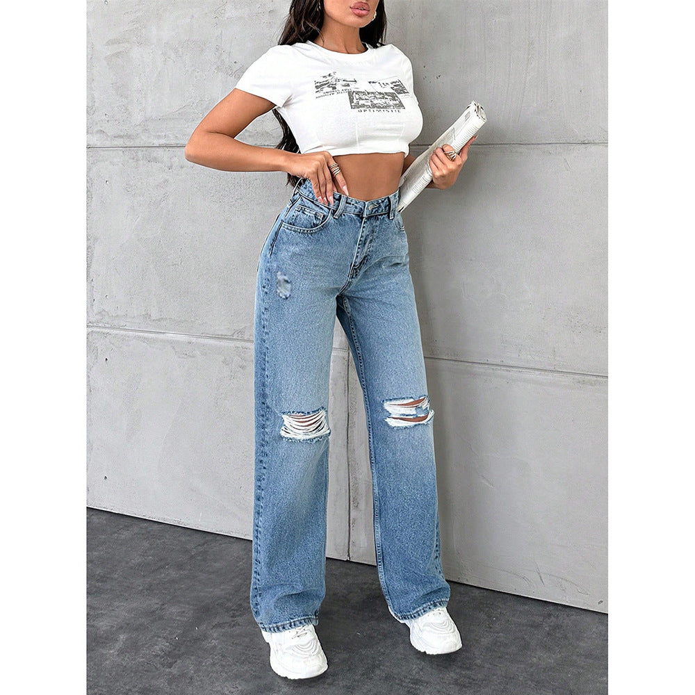 Womens Washed Casual Straight Jeans - Zalixer