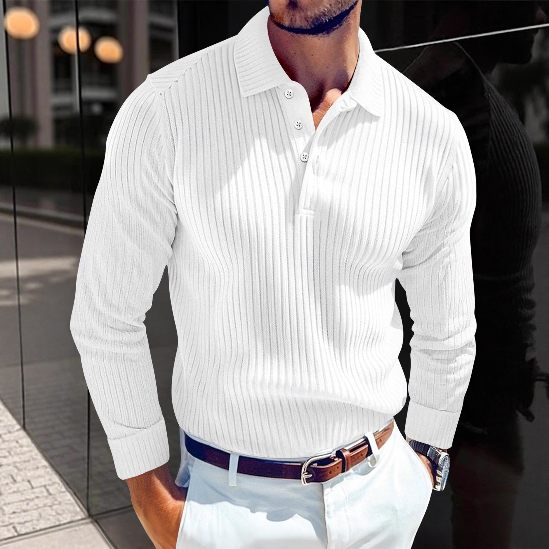 Men's Polo T-shirt With A Turn-down Collar Spring Summer Business Buttoned Long-sleeve Sports Retro Style Striped Polo Shirt For Daily Wear - Zalixer