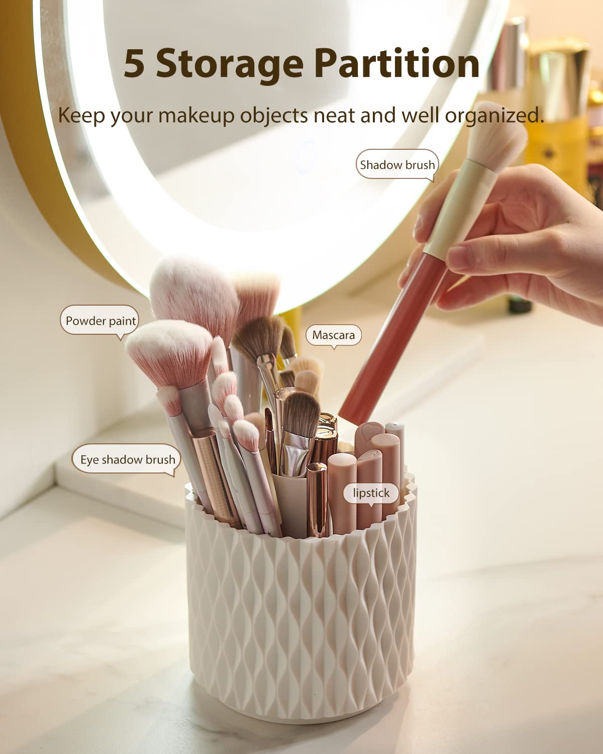 Makeup Brush Holder Dustproof & Waterproof 360 Rotating Cosmetics Make Up Brush Organizer Storage With Lid For Vanity - Zalixer