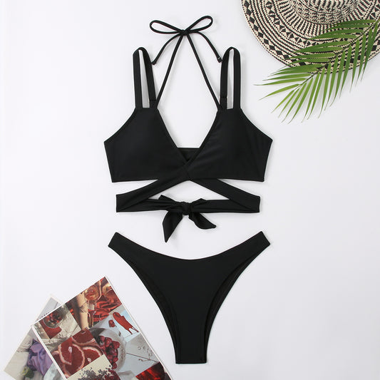 Solid Color Strap Beach Bikini Swimsuit - Zalixer