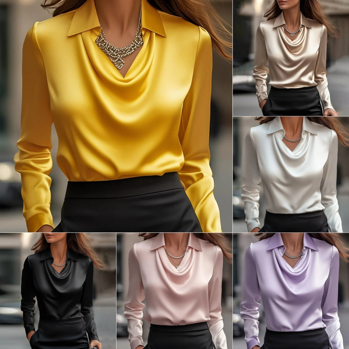 Women's Swing Collar Draped Shirts & Blouses Elegant Solid Satin Office Ladies Top Pullover Spring Long Sleeve Casual Tops - Zalixer