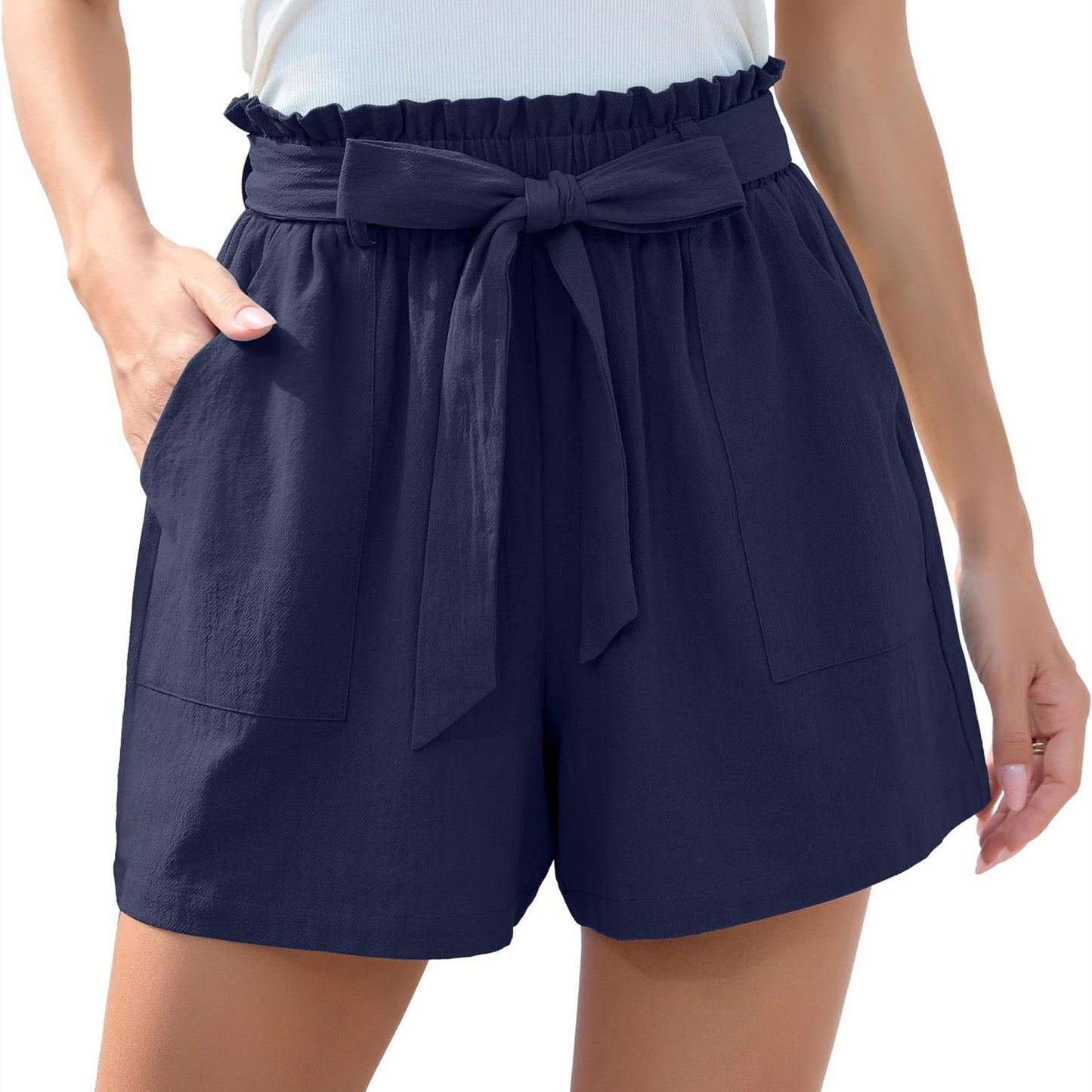 Fashion Ruffle Bow Waist Tie Shorts Summer Beach Pants With Pockets Womens Clothing - Zalixer