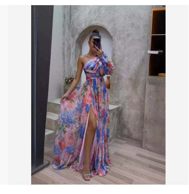 Floral Print Split Maxi Dress Fashion Sexy One-Shoulder Long-Sleeved Dresses Summer Beach Clothing For Women - Zalixer